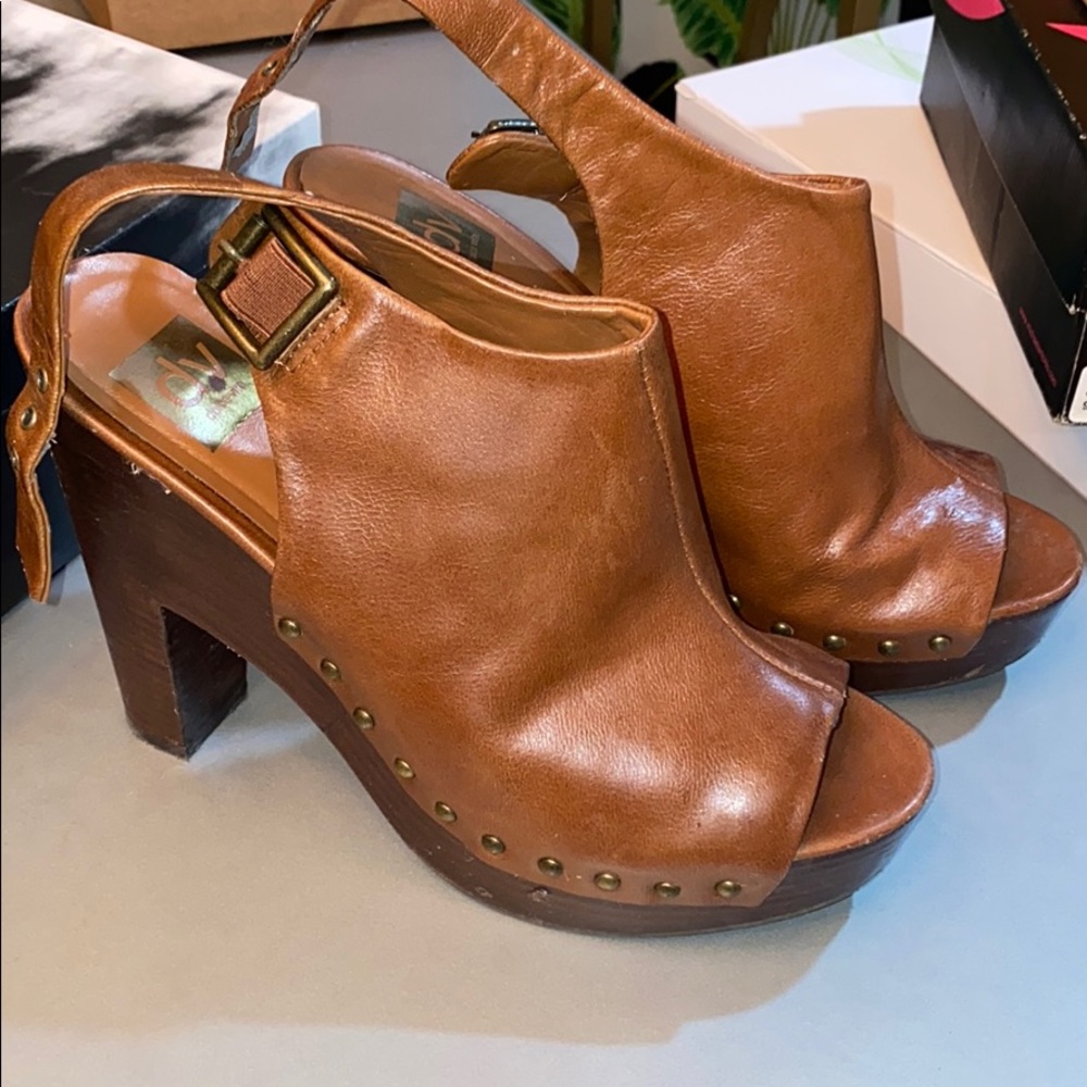 Brown high heeled mules